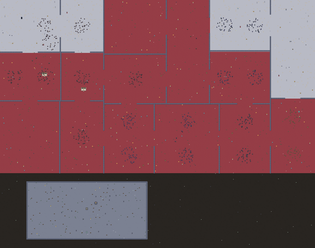 A top-down view of the whole of THE BUNKER, drawn in the game's own pixel art