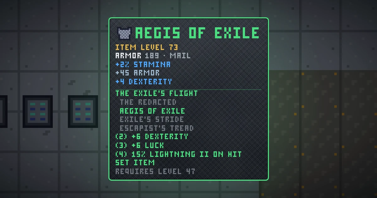 AEGIS OF EXILE, a set chest in Ada's Trail, shown on the map of GOODCO HQ where it drops