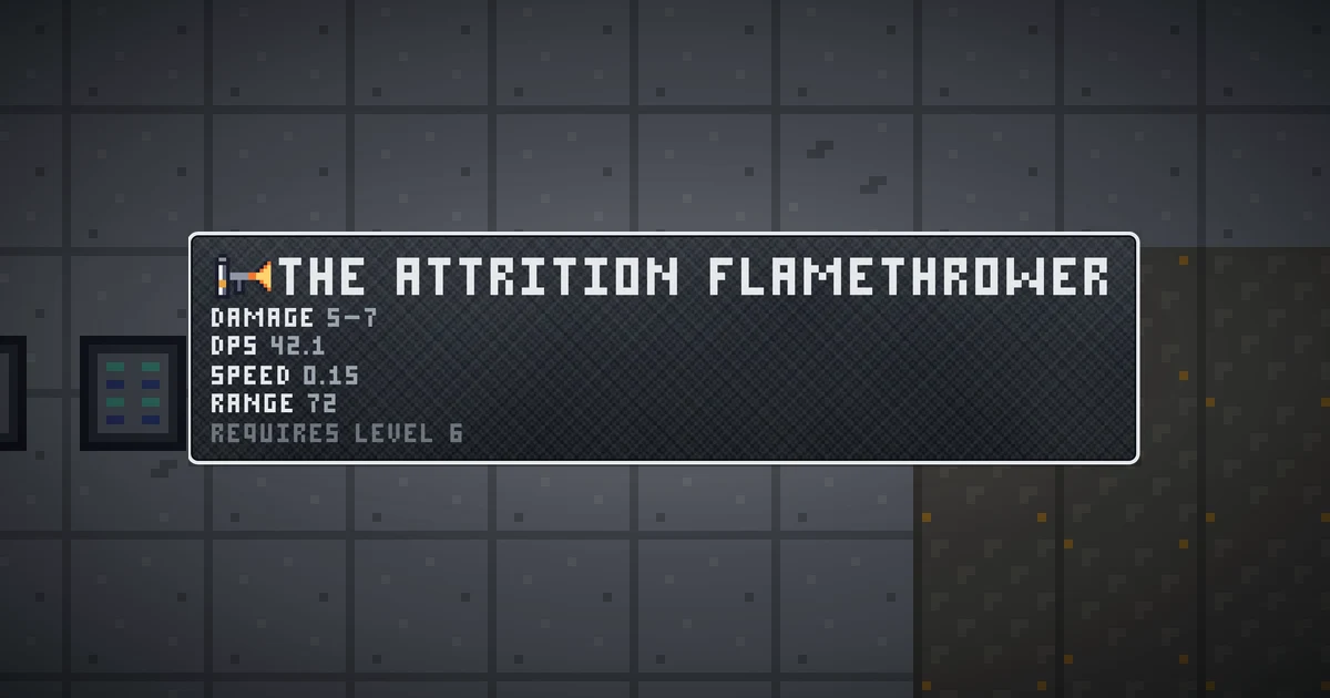 THE ATTRITION FLAMETHROWER, a base item weapon in Ada's Trail, shown on the map of GOODCO HQ where it drops