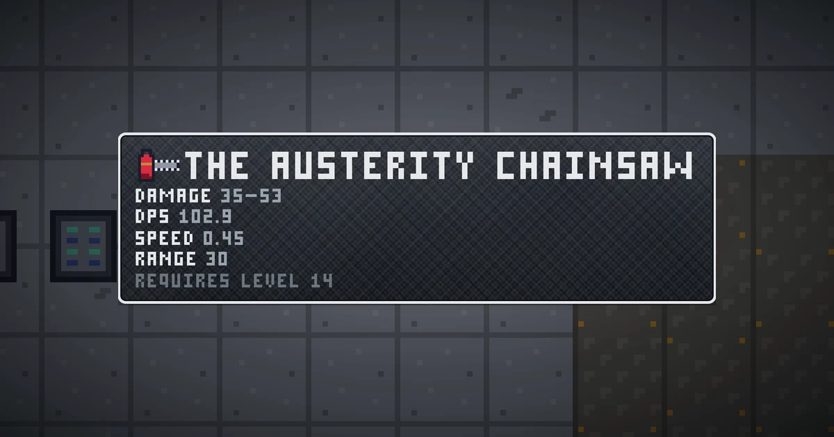 THE AUSTERITY CHAINSAW, a base item weapon in Ada's Trail, shown on the map of GOODCO HQ where it drops