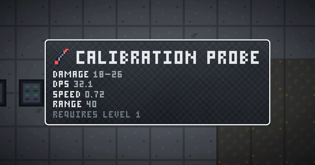 CALIBRATION PROBE, a base item weapon in Ada's Trail, shown on the map of GOODCO HQ where it drops