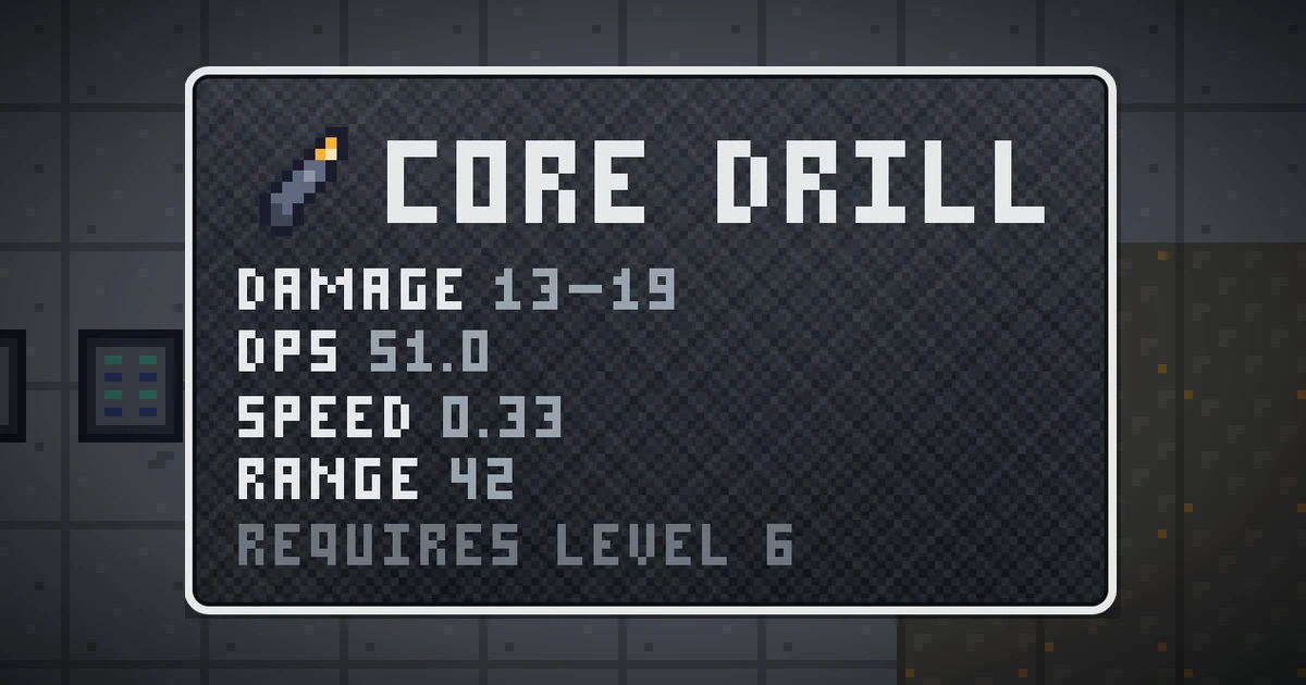 CORE DRILL, a base item weapon in Ada's Trail, shown on the map of GOODCO HQ where it drops