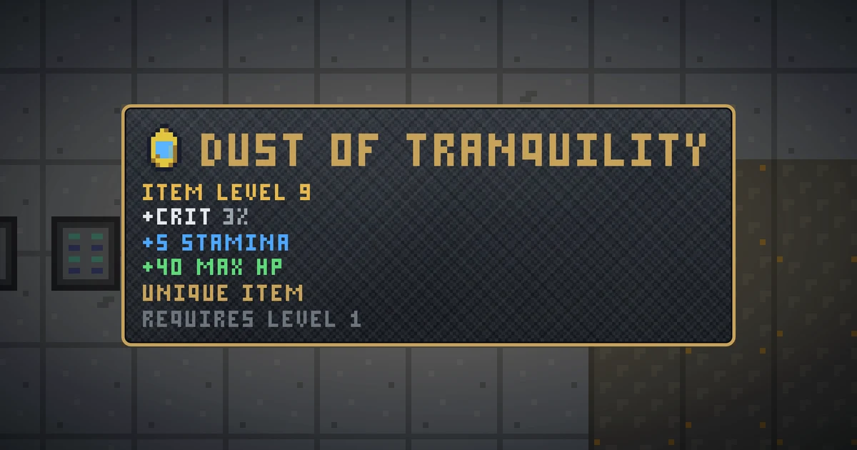 DUST OF TRANQUILITY, a unique trinket in Ada's Trail, shown on the map of GOODCO HQ where it drops