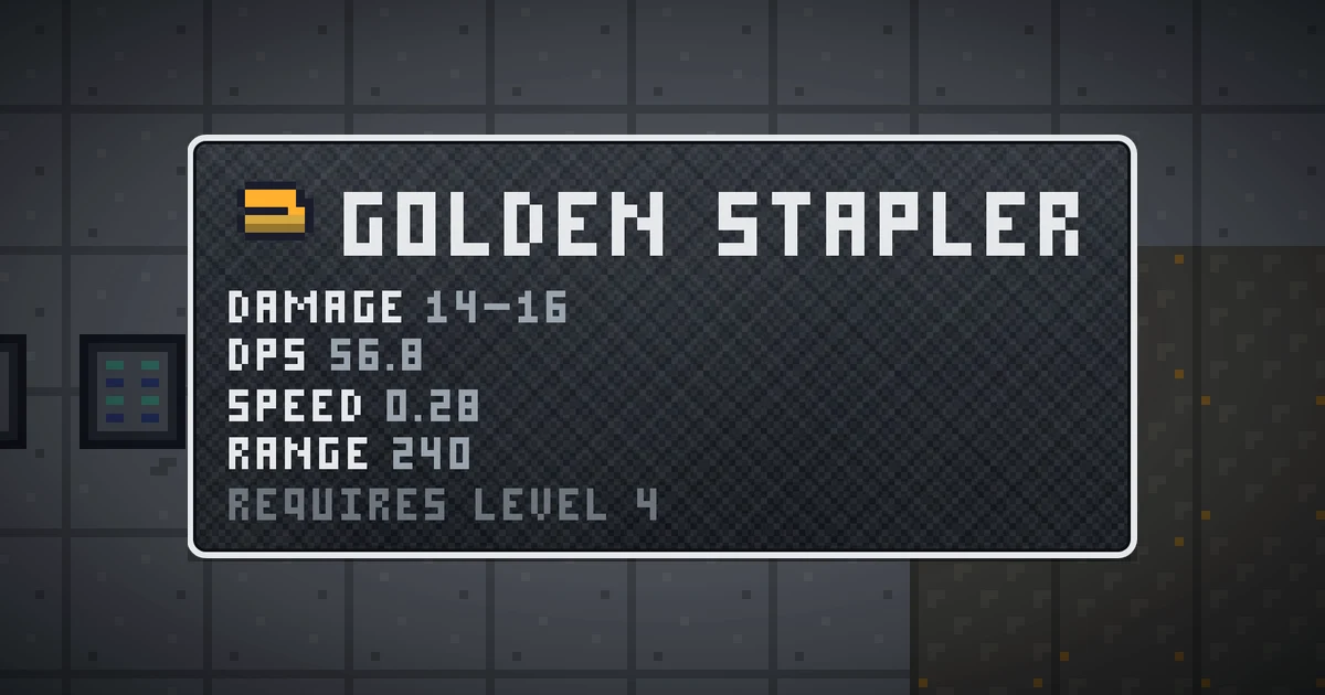 GOLDEN STAPLER, a base item weapon in Ada's Trail, shown on the map of GOODCO HQ where it drops