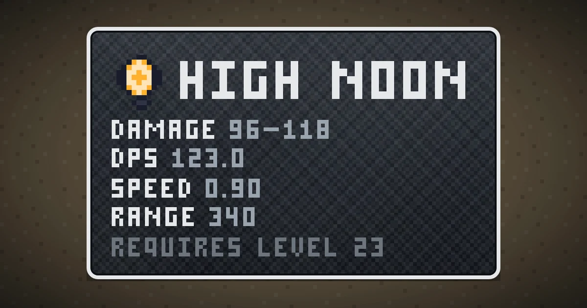 HIGH NOON, a base item weapon in Ada's Trail, shown on the map of BOOT HILL where it drops