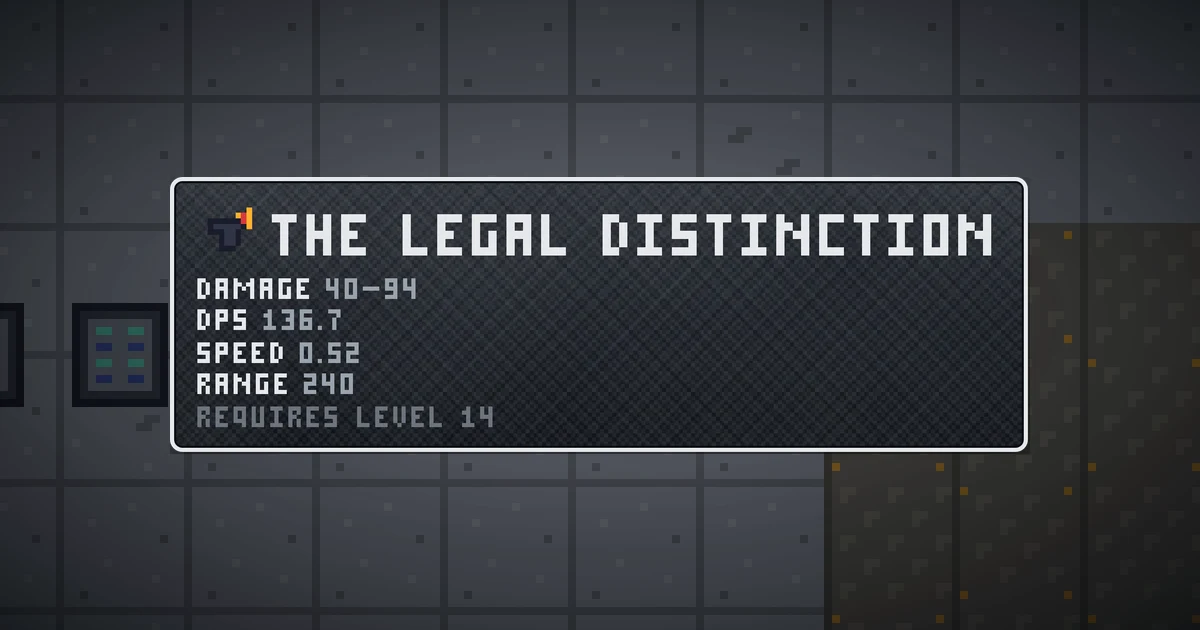 THE LEGAL DISTINCTION, a base item weapon in Ada's Trail, shown on the map of GOODCO HQ where it drops