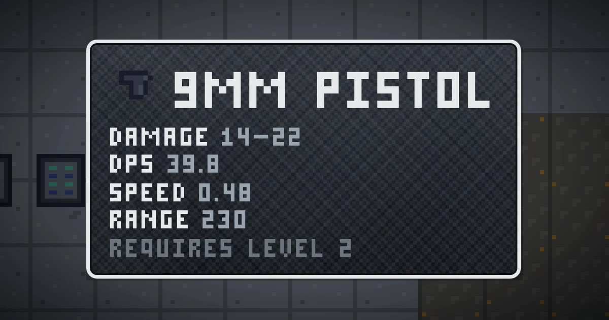 9MM PISTOL, a base item weapon in Ada's Trail, shown on the map of GOODCO HQ where it drops