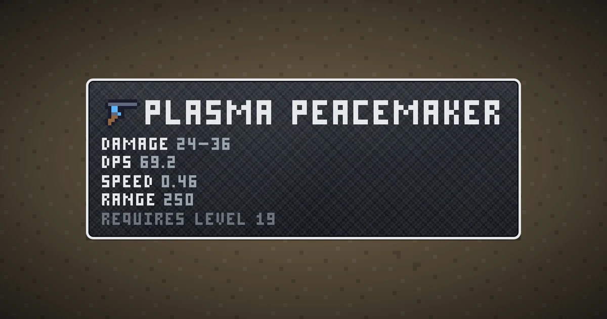 PLASMA PEACEMAKER, a base item weapon in Ada's Trail, shown on the map of BOOT HILL where it drops