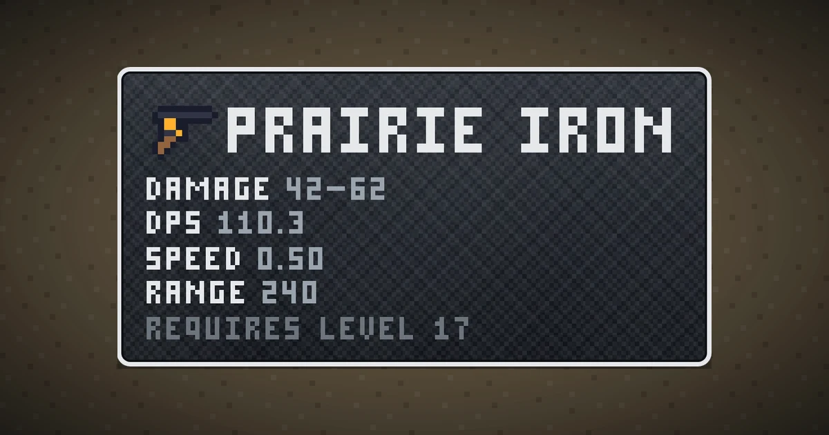 PRAIRIE IRON, a base item weapon in Ada's Trail, shown on the map of BOOT HILL where it drops
