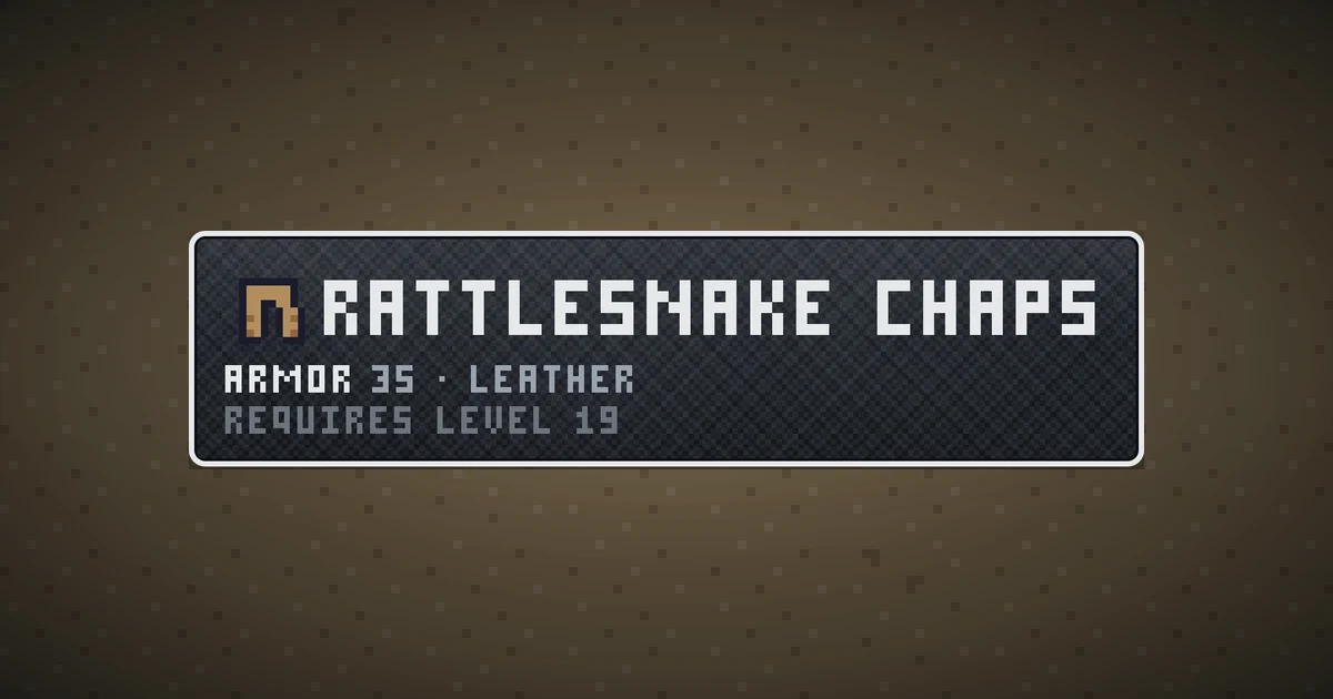 RATTLESNAKE CHAPS, a base item legs in Ada's Trail, shown on the map of BOOT HILL where it drops