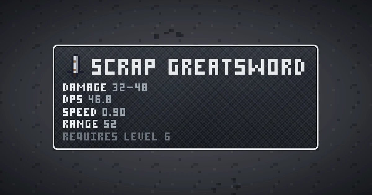 SCRAP GREATSWORD, a base item weapon in Ada's Trail, shown on the map of THE MOON where it drops