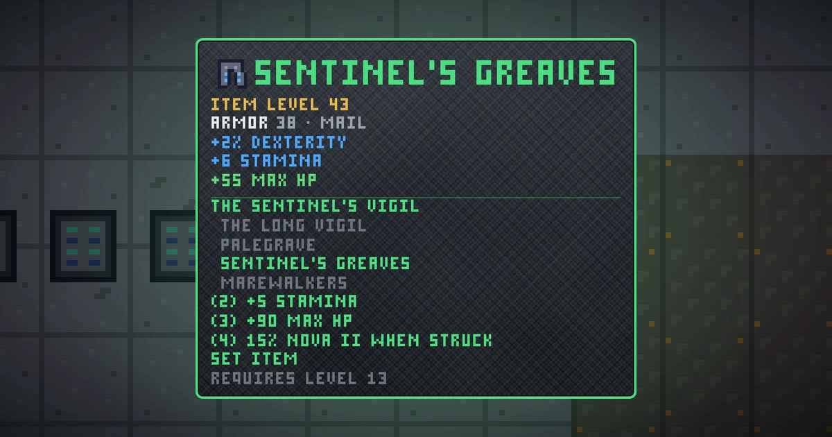 SENTINEL'S GREAVES, a set legs in Ada's Trail, shown on the map of GOODCO HQ where it drops