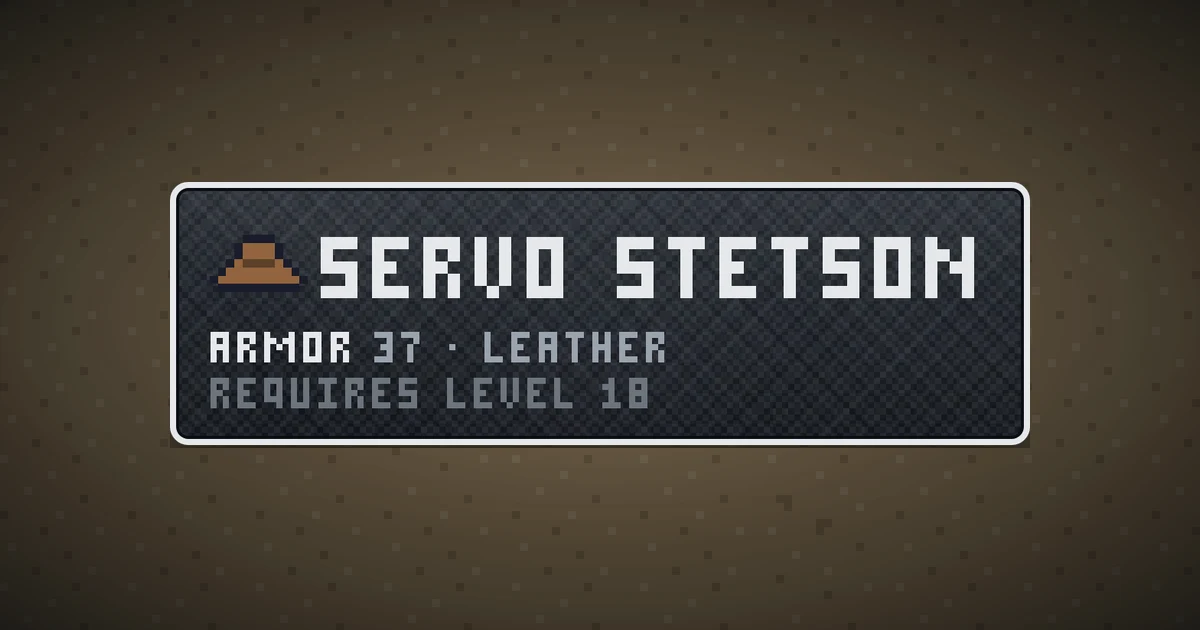 SERVO STETSON, a base item head in Ada's Trail, shown on the map of BOOT HILL where it drops