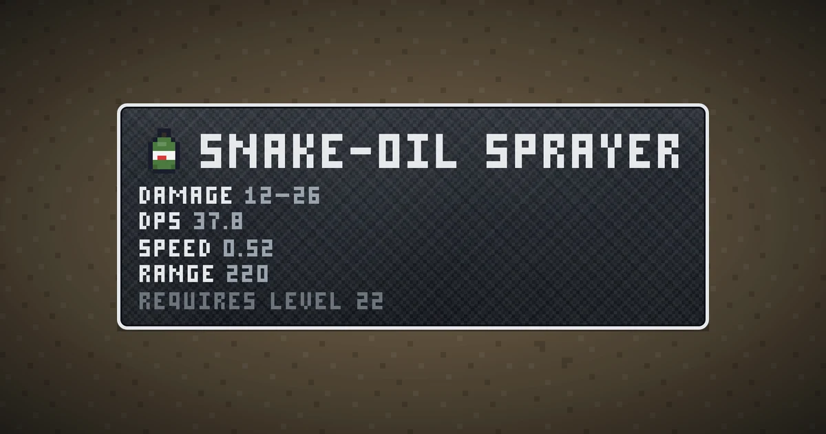 SNAKE-OIL SPRAYER, a base item weapon in Ada's Trail, shown on the map of BOOT HILL where it drops