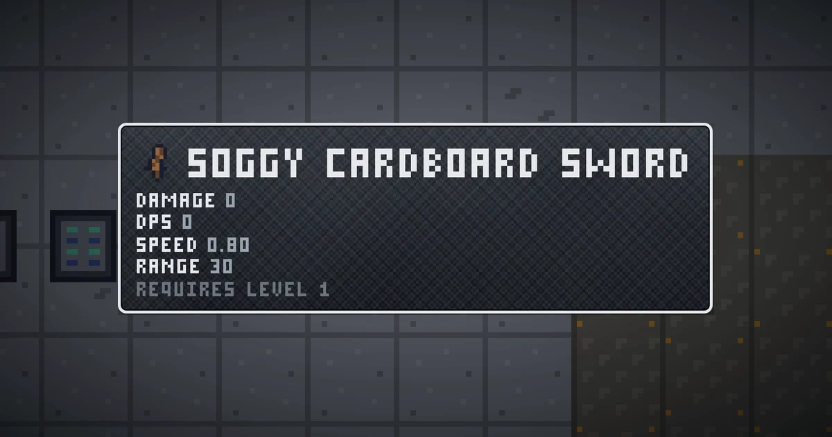 SOGGY CARDBOARD SWORD, a base item weapon in Ada's Trail, shown on the map of GOODCO HQ where it drops