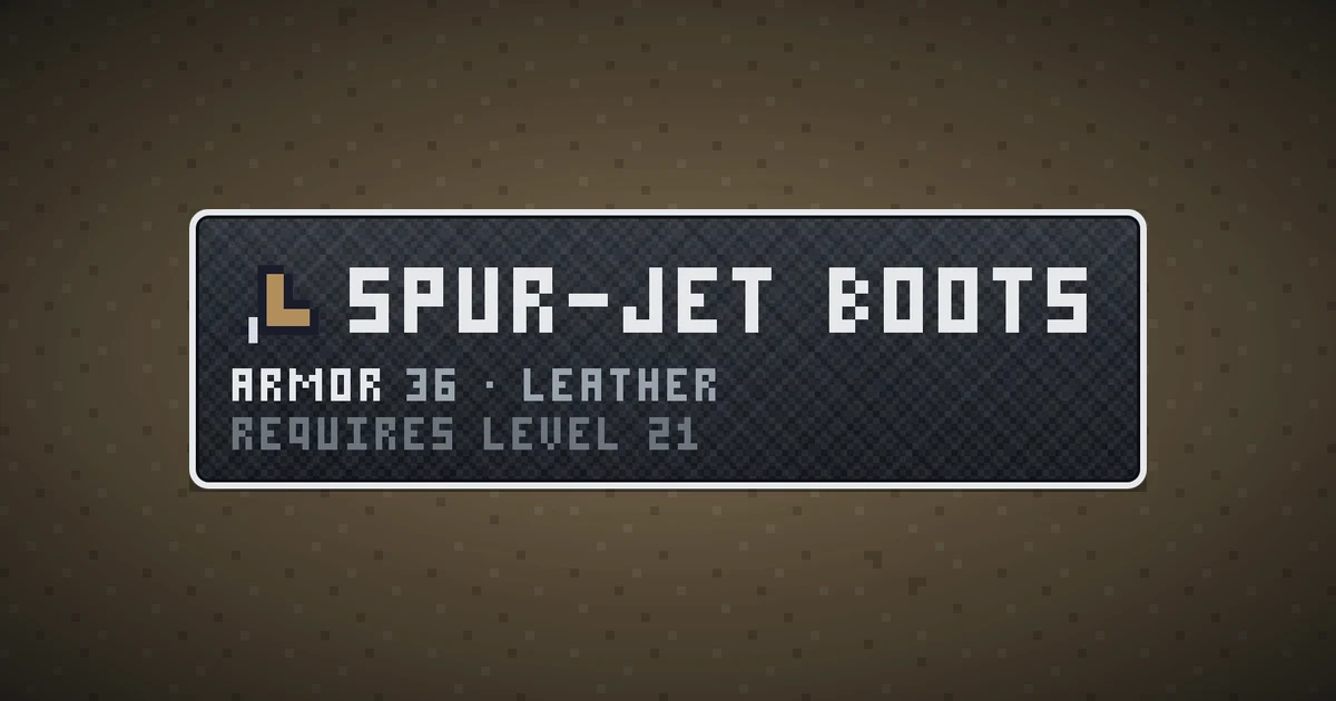 SPUR-JET BOOTS, a base item feet in Ada's Trail, shown on the map of BOOT HILL where it drops