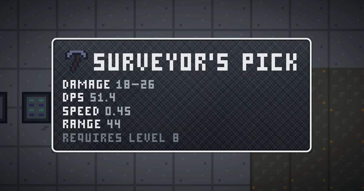 SURVEYOR'S PICK, a base item weapon in Ada's Trail, shown on the map of GOODCO HQ where it drops