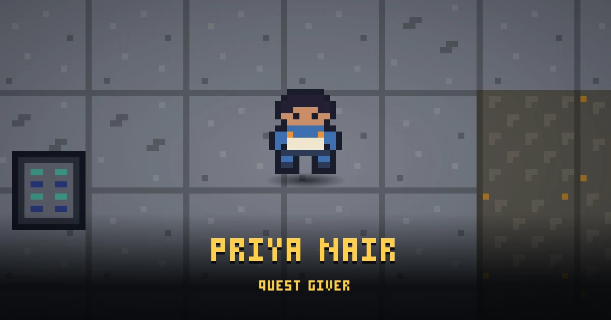 PRIYA NAIR, a quest giver in Ada's Trail, standing on GOODCO HQ